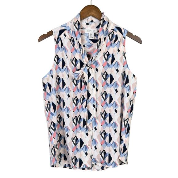 Rachel Zoe Geometric Print Pastel Colorful Tie Neck Sleeveless Blouse - Picture 7 of 11